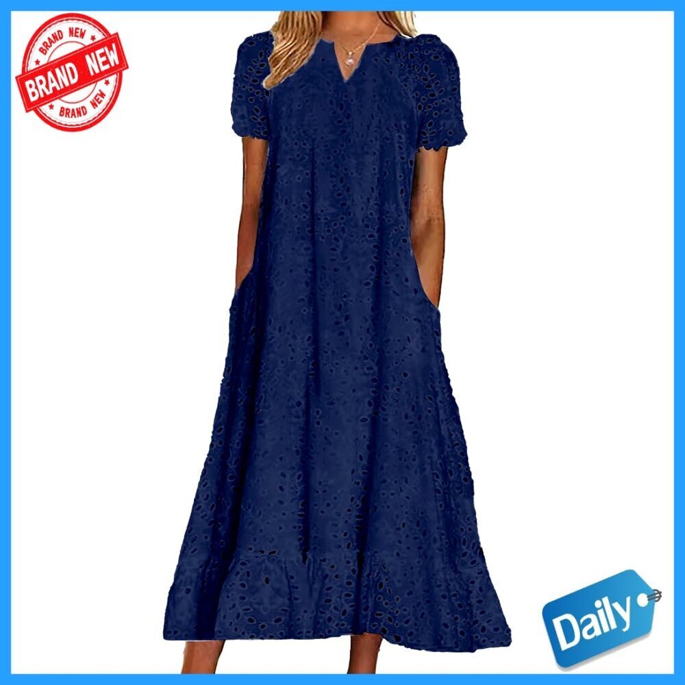 Summer Ruffle Hem Floral Lace Eyelet Midi Dress Casual Notch Neck Tunic with